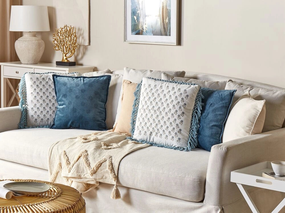 Cuscino decorativo cotone bianco e blu 45 x 45 cm motivo floreale con frange fatto a mano fodera rimovibile con imbottitura stile boho