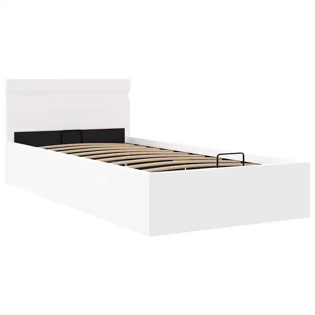 Letto singolo | Letto per adulti | Giroletto Contenitore Idraulico LED Bianco Similpelle 90x200 cm