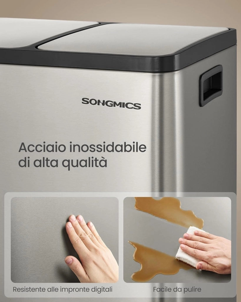 SONGMICS Pattumiera Cucina 3 x 18 L, Cestino per Raccolta Differenziata 3 Scomparti, 15 Sacchetti, Secchi Rimovibili, Coperchio, Maniglie, Chiusura Morbida, Acciaio Inox, Argento LTB254EZ01