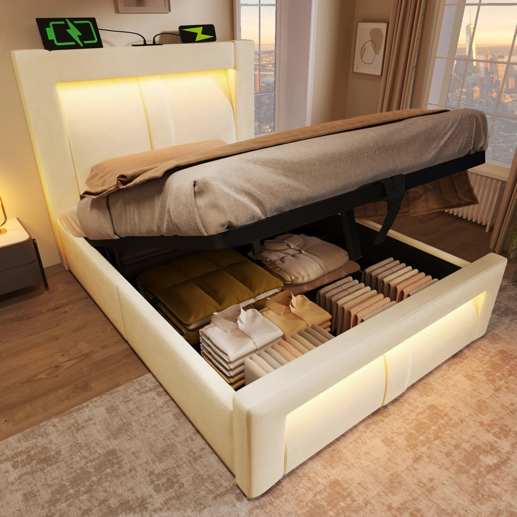 LETTO contenitore 90x200 cm in velluto beige con LED, USB, Type-C e materasso incluso