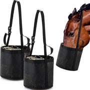 Set di 2 sacchi di mangime Adatto per cavalli, adatto per granaglie e fieno, sacchi di mangime robusti in rete, con protezioni per collo e muso regolabili e fondo impermeabile (Nero S)