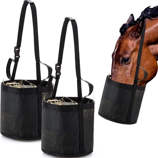 Set di 2 sacchi di mangime Adatto per cavalli, adatto per granaglie e fieno, sacchi di mangime robusti in rete, con protezioni per collo e muso regolabili e fondo impermeabile (Nero S)