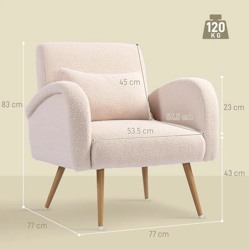 POLTRONA PER SALOTTO MODERNA IN TESSUTO TEDDY CON CUSCINO LOMBARE SFODERABILE, 77X77X83 CM, BEIGE