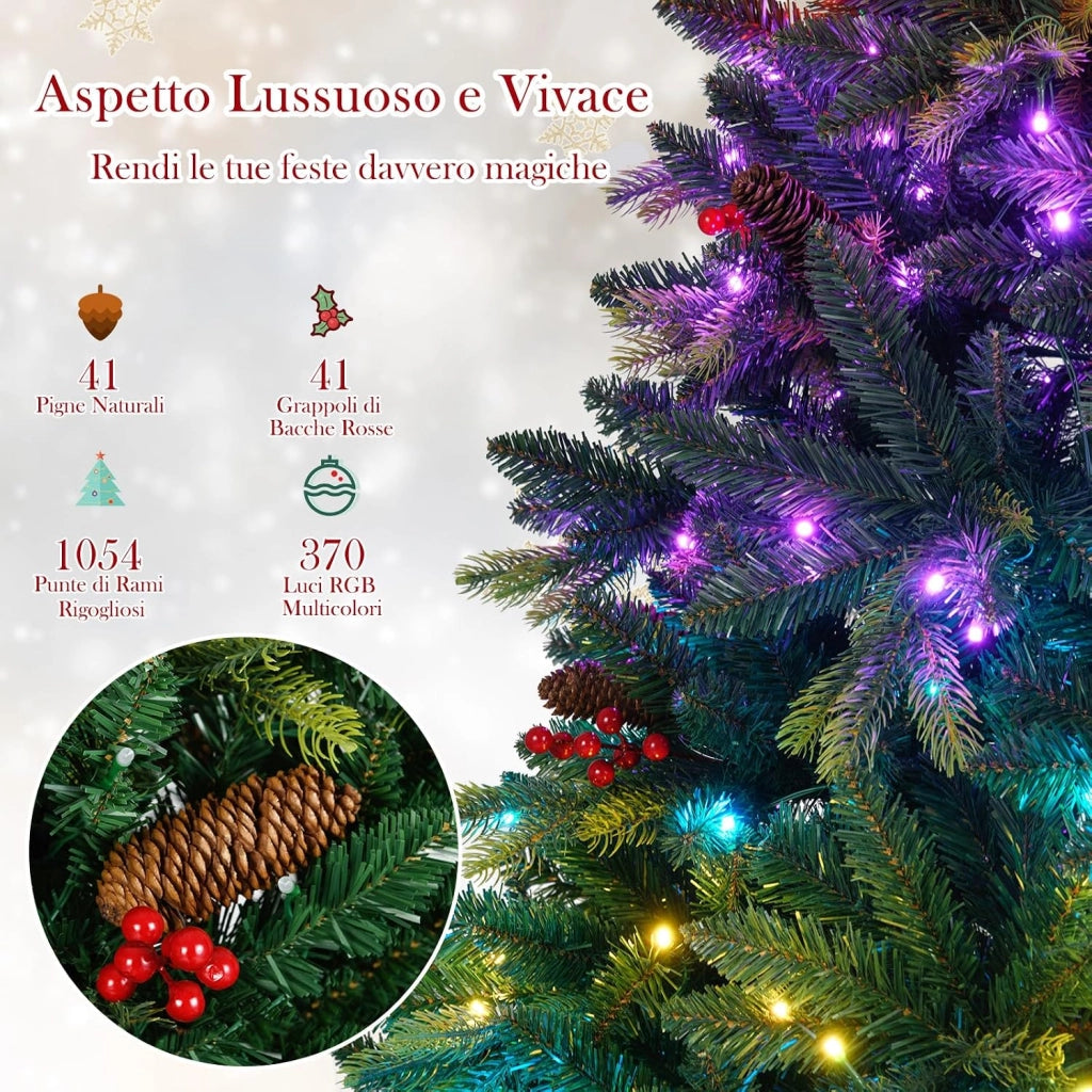 Albero di Natale Artificiale 150/180 cm, con 250/370 Luci RGB Multicolori Controllabili tramite APP, 584/1054 Rami in PE & PVC, 23/41 Pigne e 23/41 Bacche Rosse e Controllo Remoto (180 cm)