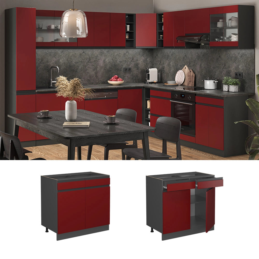 Vicco Mobiletto base per cucina Rosso 80 cm , PL Rovere