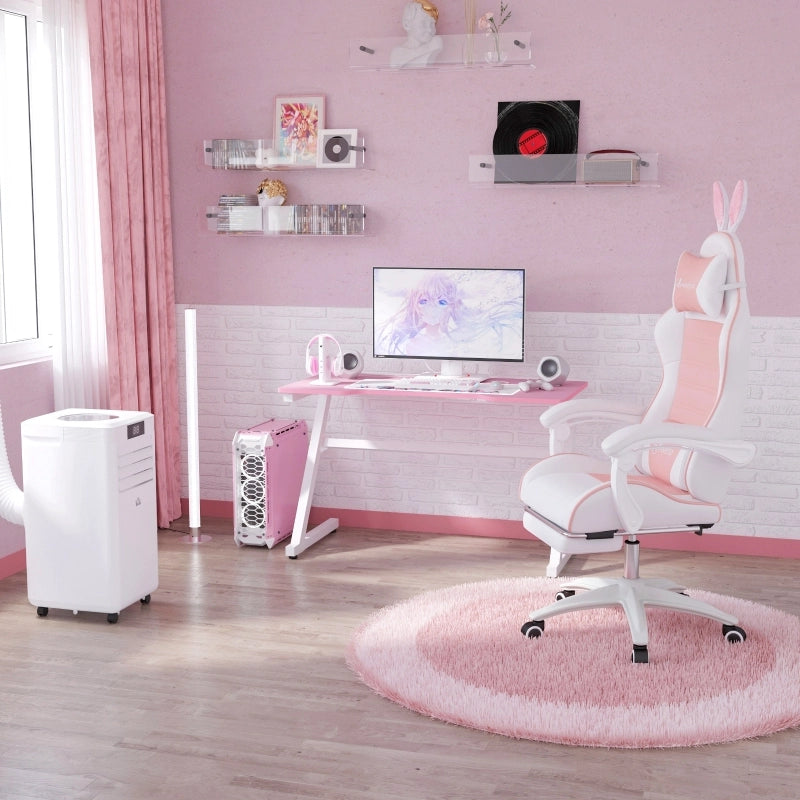 Sedia gaming ergonomica rosa con orecchie decorative, poggiapiedi estraibile e cuscini removibili