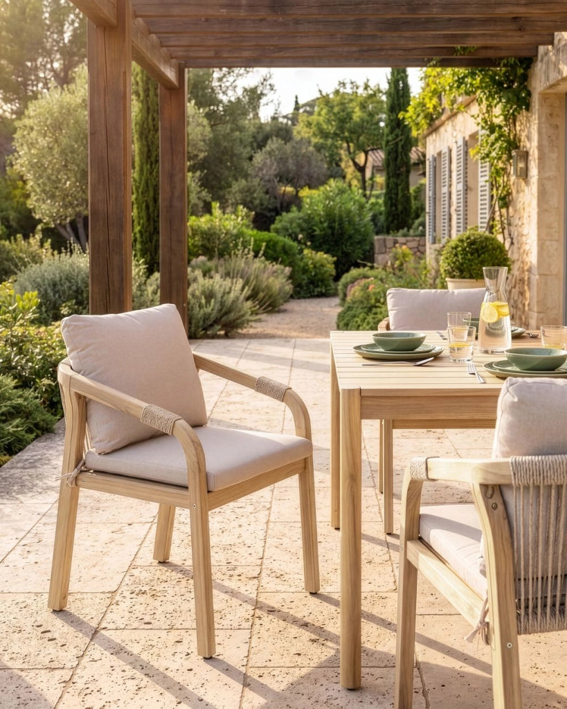 Sedia da giardino in legno di acacia chiaro con cuscini beige chiaro e braccioli, stile rustico moderno
