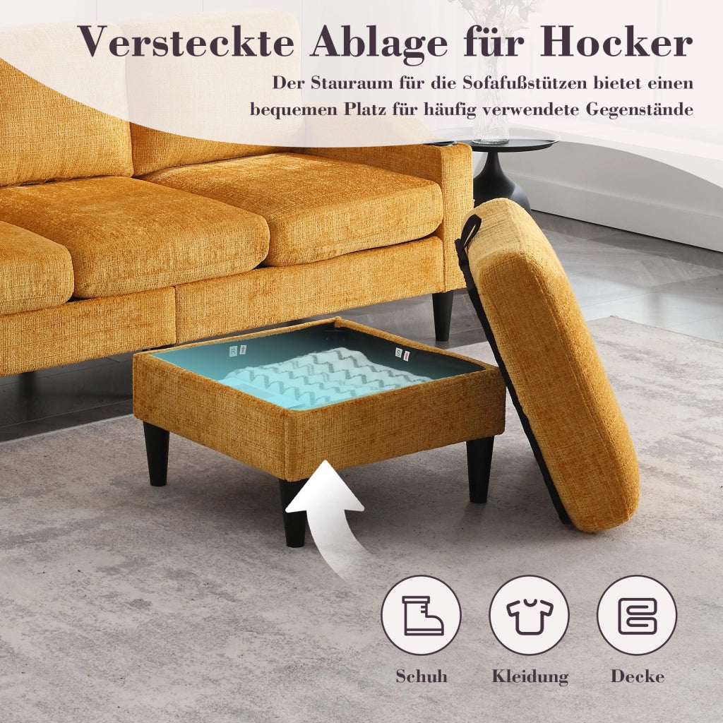 DIVANO 4 POSTI 196,5x75x77 cm in Chenille Giallo con Pouf e Contenitore