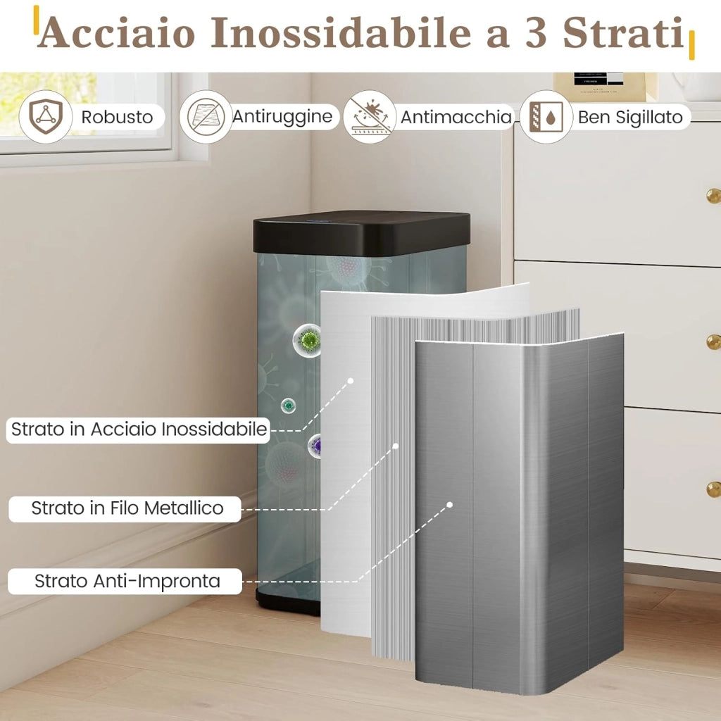 60L Cestino per Rifiuti con Coperchi a Ali, Pattumiera in Acciaio Inox Spazzolato con Sensore di Movimento a Infrarossi, Bidone Automatico per Camera da Letto, Bagno e Cucina (Argento)