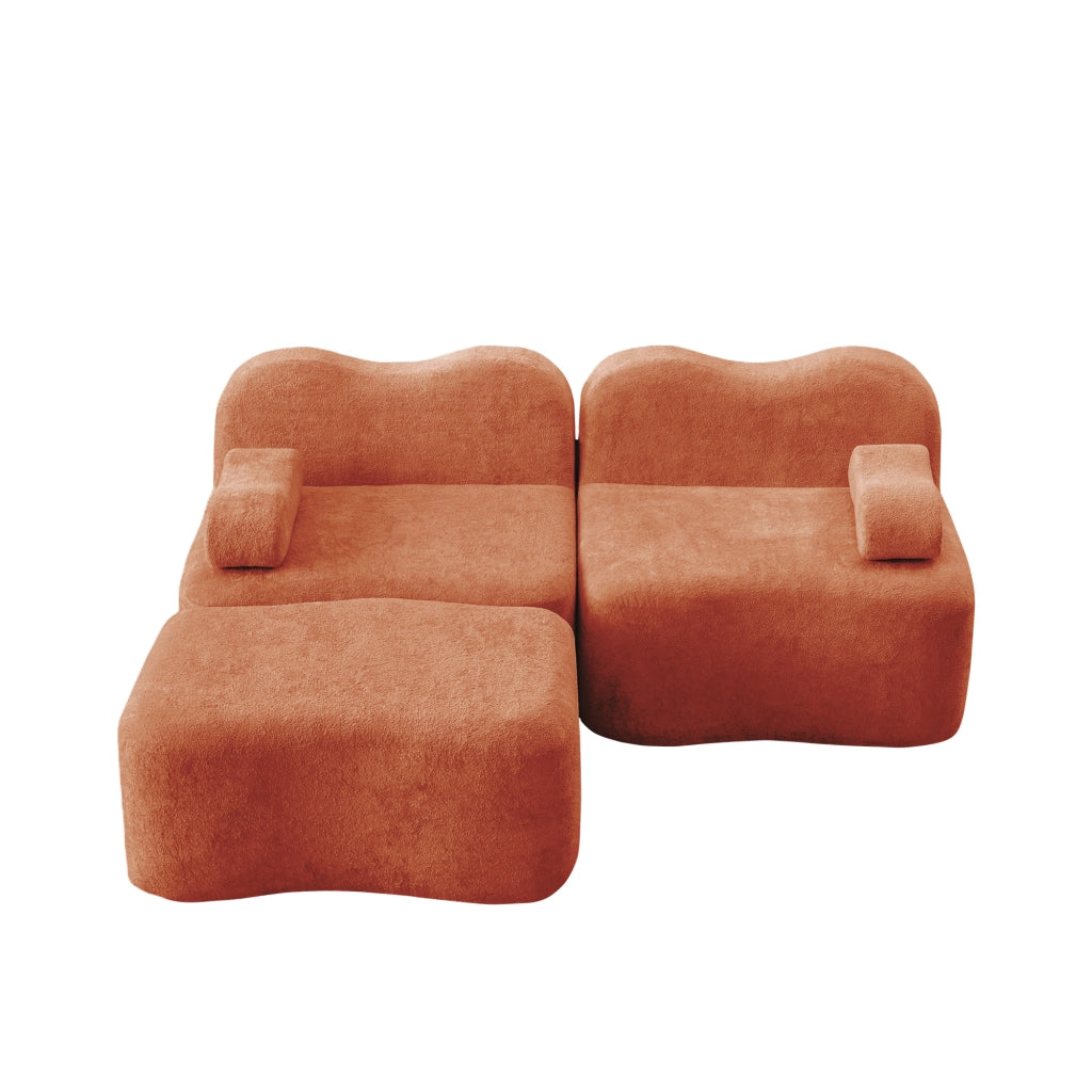 Divano angolare modulare 2 posti con pouf; forma ondulata e cuscino bracciolo mobile in velluto arancione