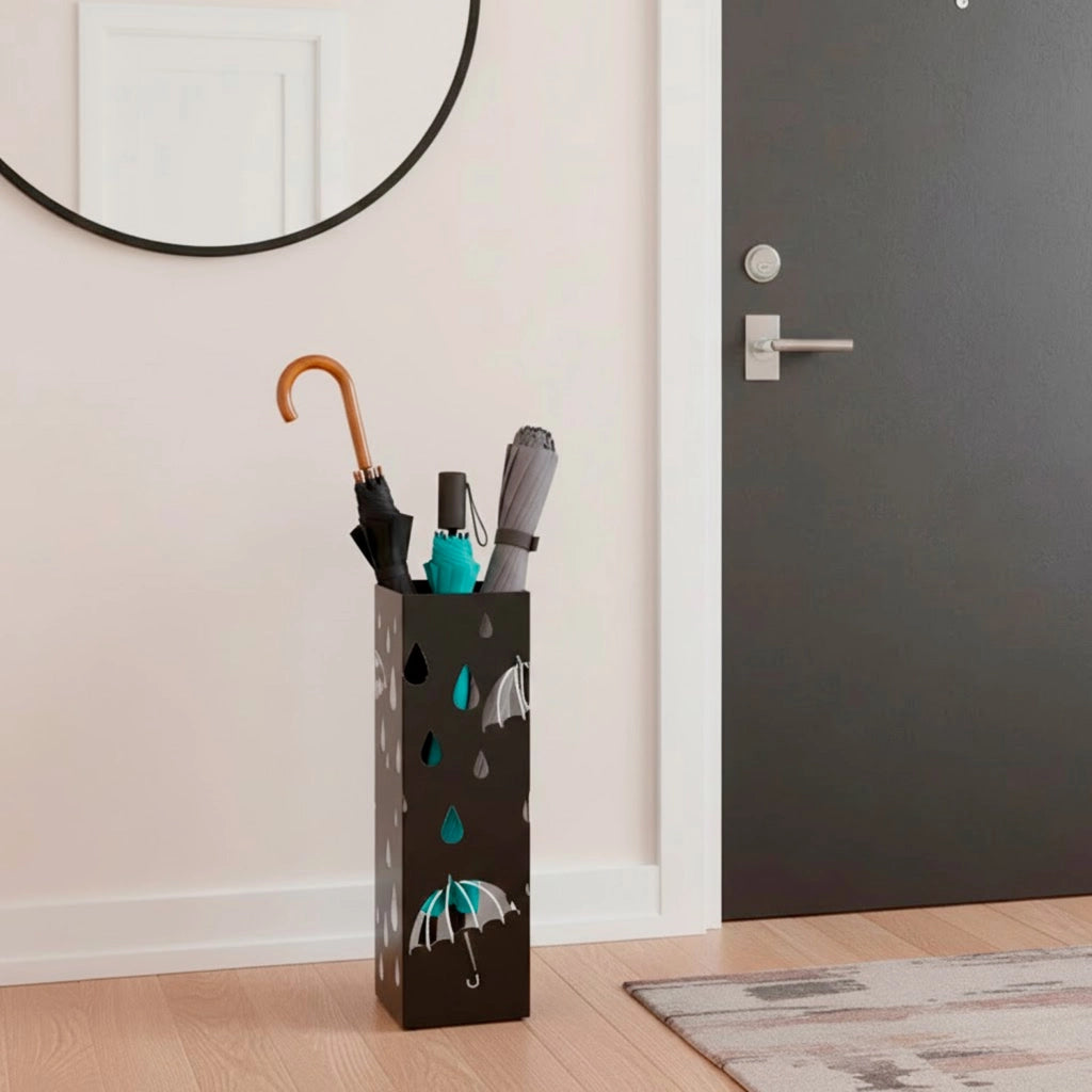 Portaombrelli In Acciaio Zincato Con Design Moderno Vaschetta Scolapioggia 2 Ganci Removibili Base Antiscivolo Per Ingresso Casa E Ufficio 49 X 15.5 X 15.5 Cm Nero