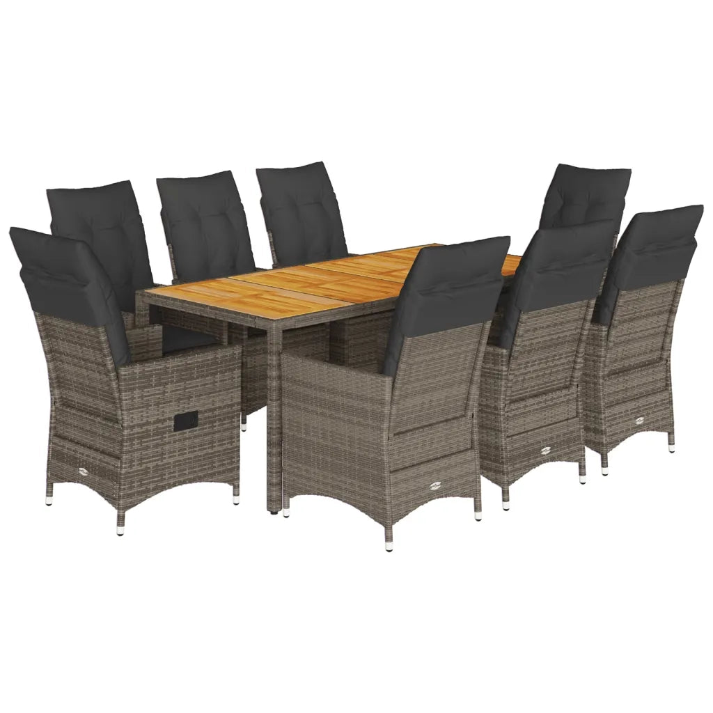 Set da Pranzo da Giardino 9 pz con Cuscini in Polyrattan Grigio