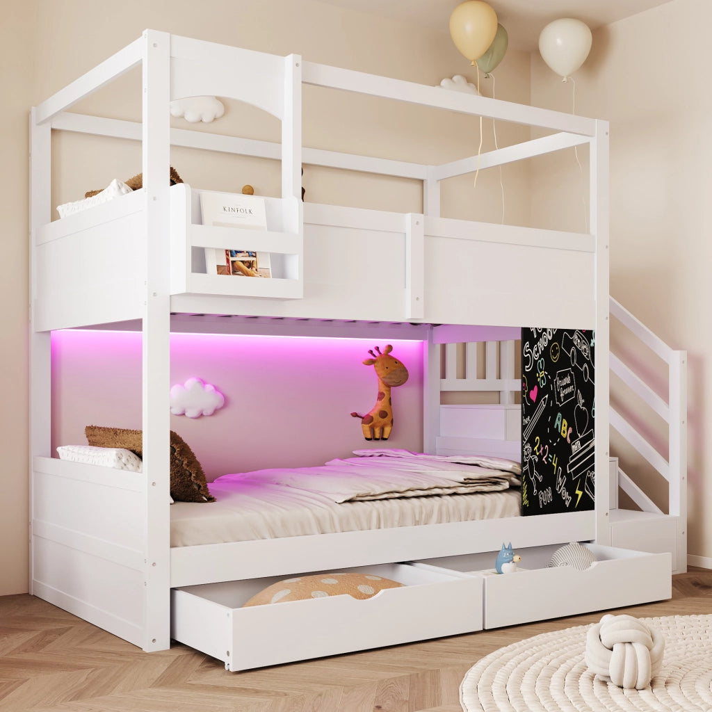 LETTO A CASTELLO 90x200 cm in legno bianco con scala contenitore e lavagna