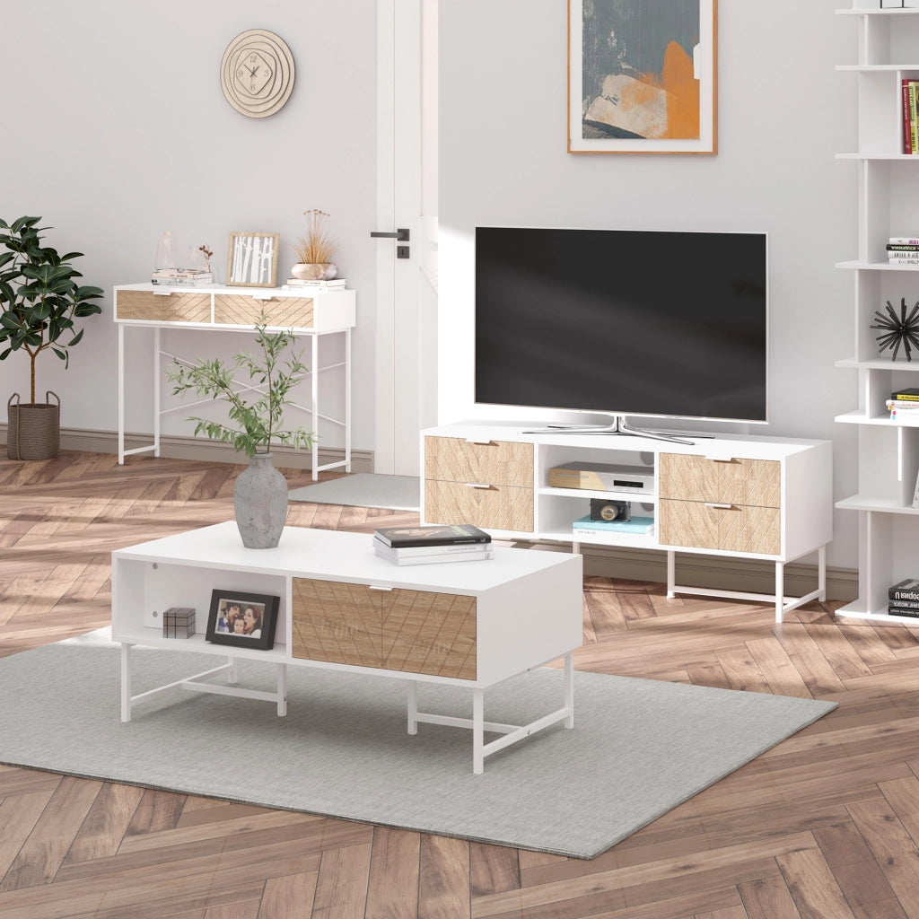 Tavolino con 2 cassetti design linee intagliate ¨C Minimal ¨C Bianco e rovere