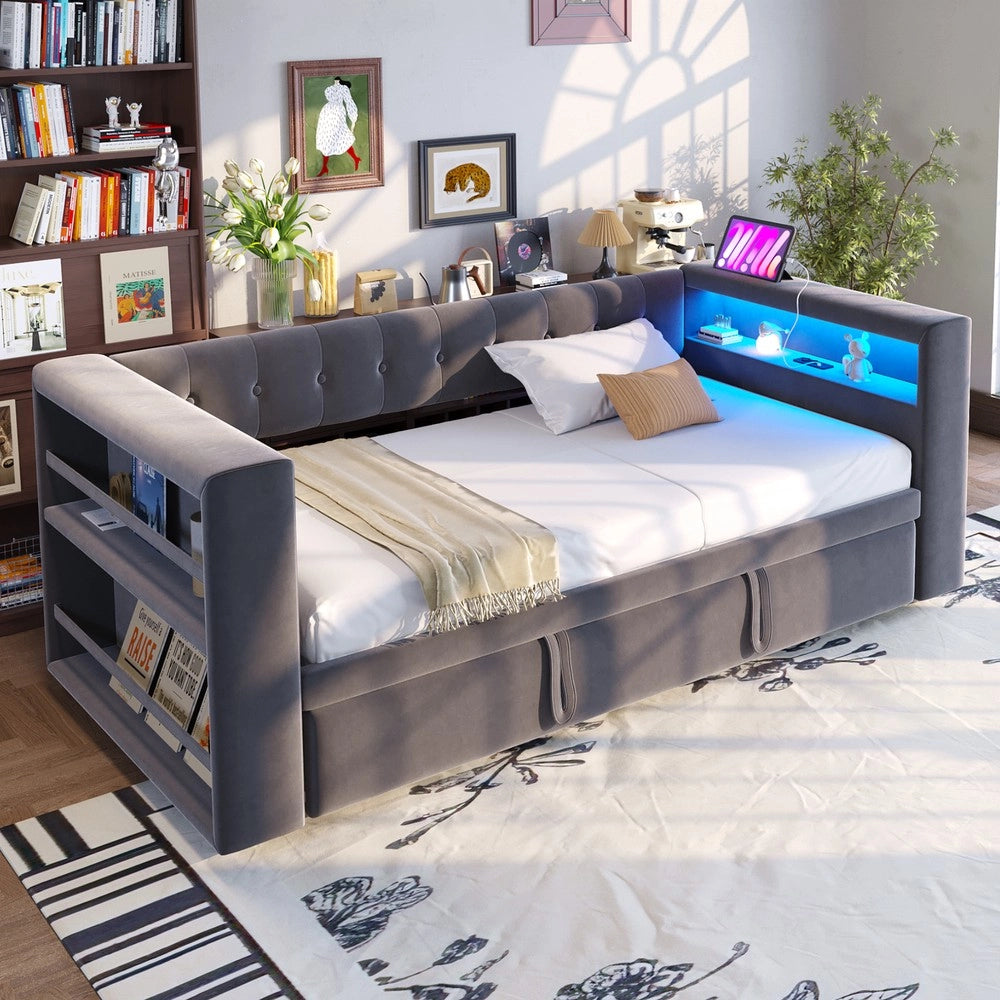 Letto Imbottito con LED e Contenitore ¨C Xylo ¨C Grigio Scuro, 90x190 / 180x190