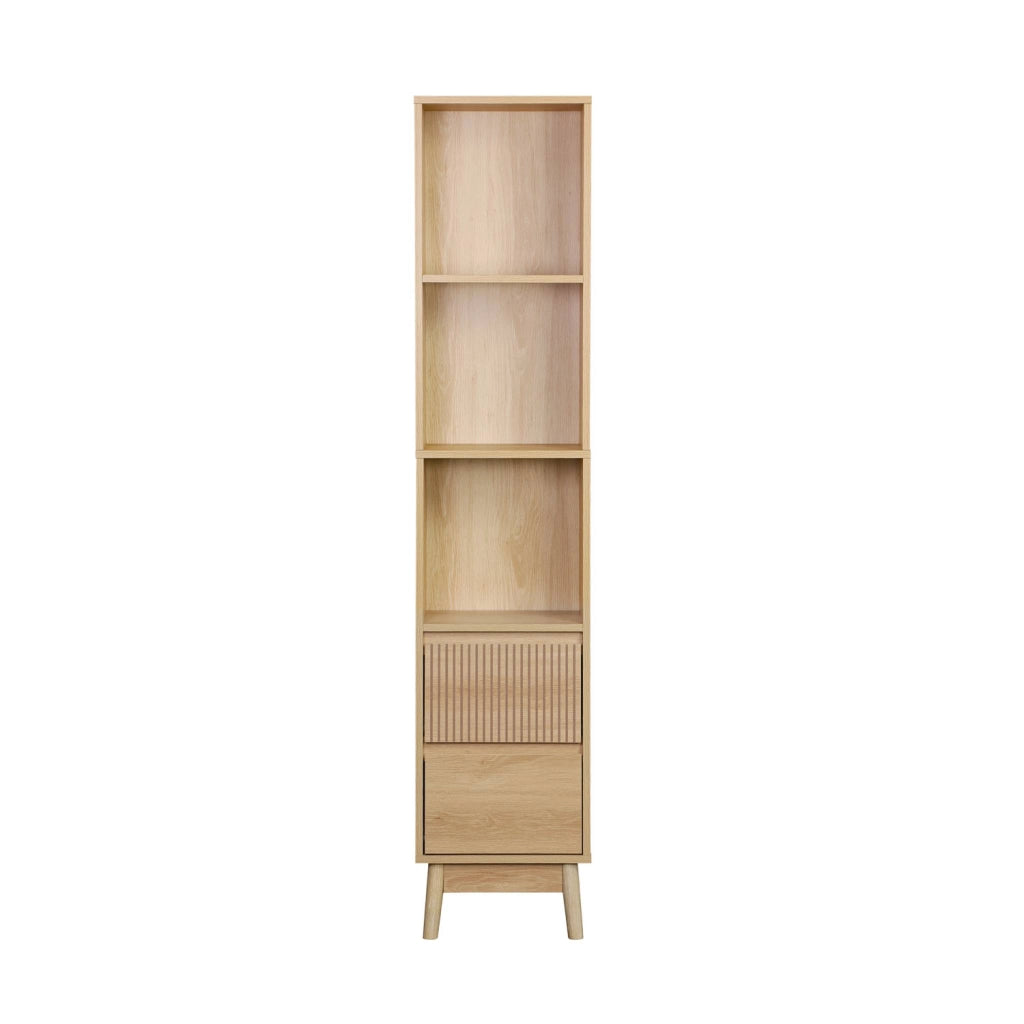 Colonna di stoccaggio decorativa in legno con 3 ripiani e 2 cassetti,