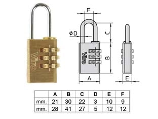 LUCCHETTI AD ARCO A COMBINAZIONE CON 3 DISCHI 406- - mm.21, arco mm.22x9 ø mm.3 (40600207) - 3 pezzi VIRO