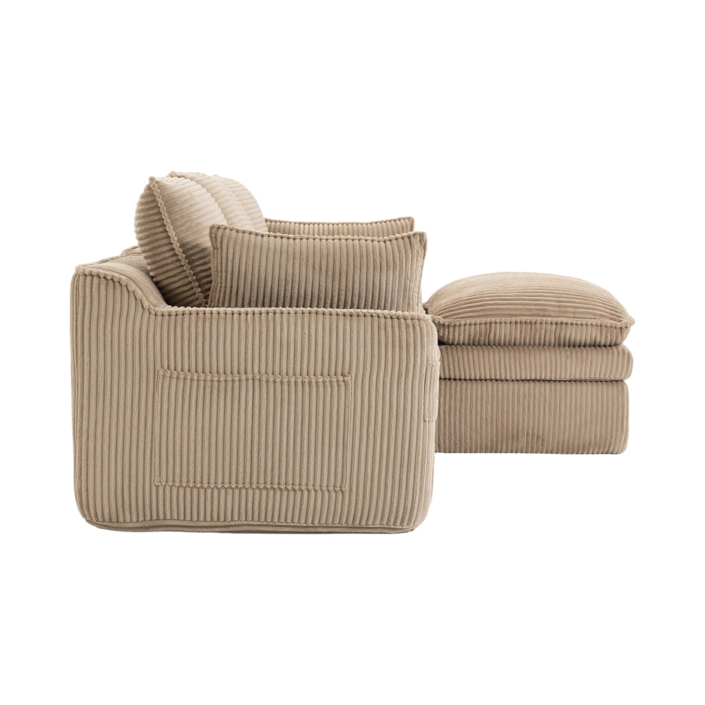 Divano modulare 3 posti in tessuto corduroy khaki con pouf, tasche laterali e cuscini