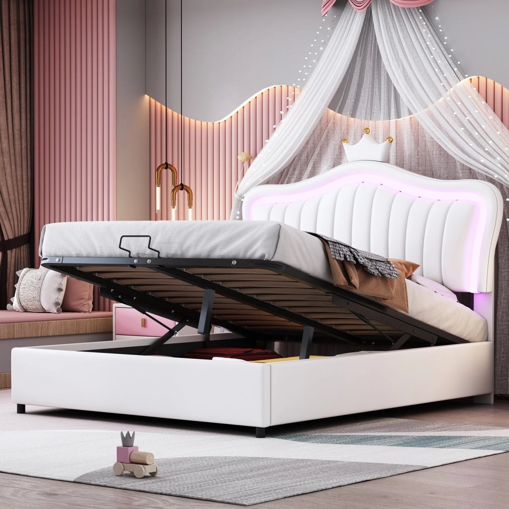 LETTO IMBOTTITO 140x200 cm Bianco con LED e contenitore idraulico