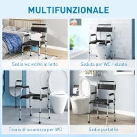 Sedia WC Pieghevole e Regolabile con Braccioli e Schienale, in Acciaio e Pelle PU, 52.5x46x81.5-97 cm, Nero
