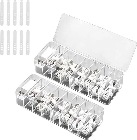 Due cassetti di supporto cavo trasparenti con 8 contenitori - cassetti di gestione cavo per ufficio casa uso domestico con 10 cinture per cavo