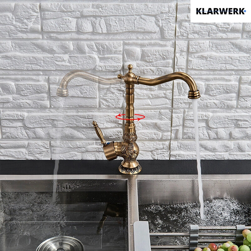 JULIAN | Rubinetto da cucina vintage premium in ottone spazzolato | miscelatore retrò in acciaio inox da cucina Gastro | 2 porte ruotabili a 360°