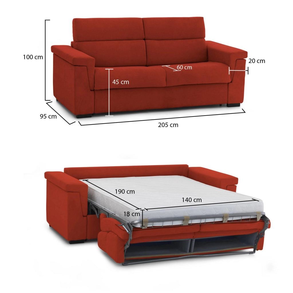 Brusasco, Divano Letto 2 Posti Sfoderabile Made in Italy, 205x95 cm Arancione