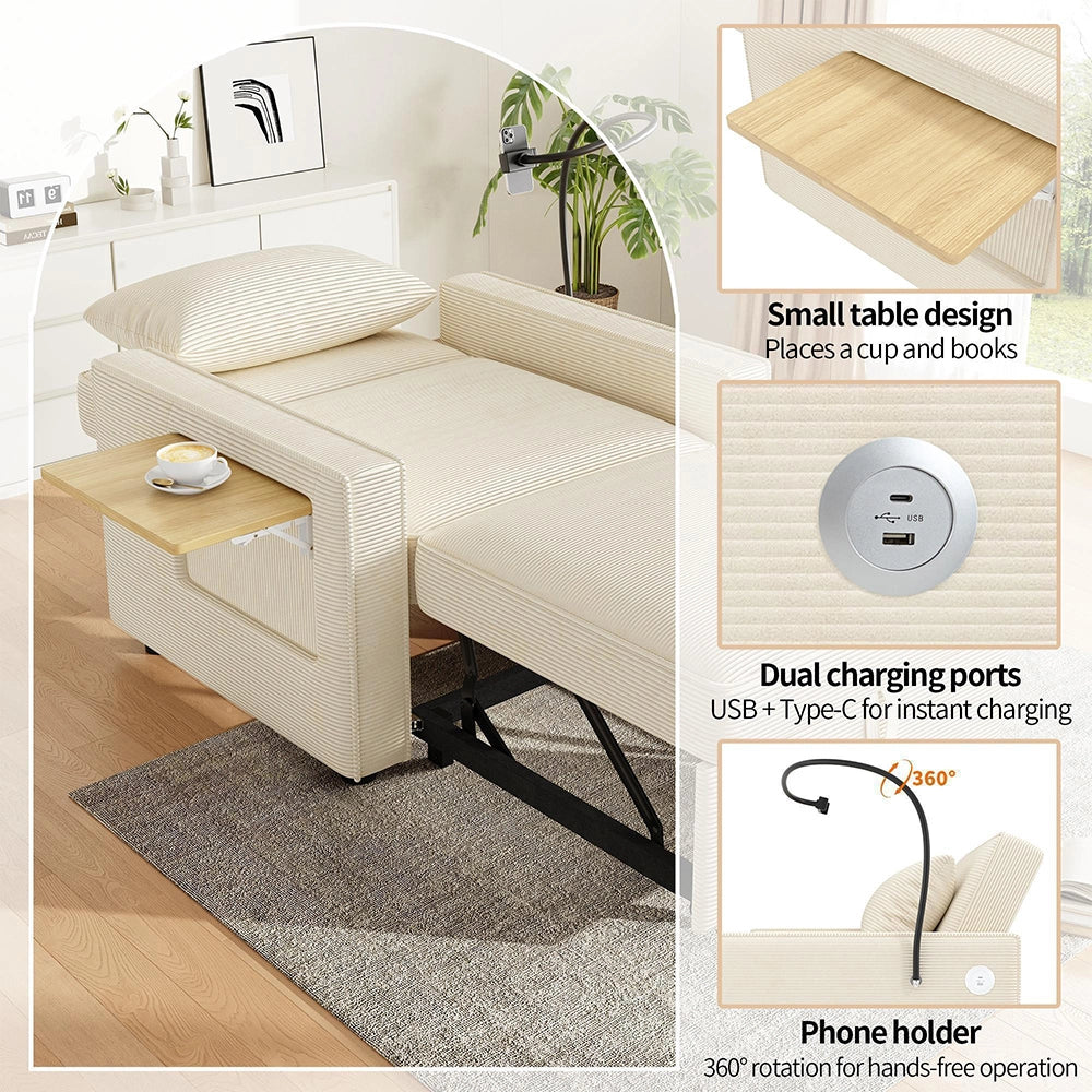 Divano letto pieghevole - Xylo - Con USB, 1 posto, velluto, beige