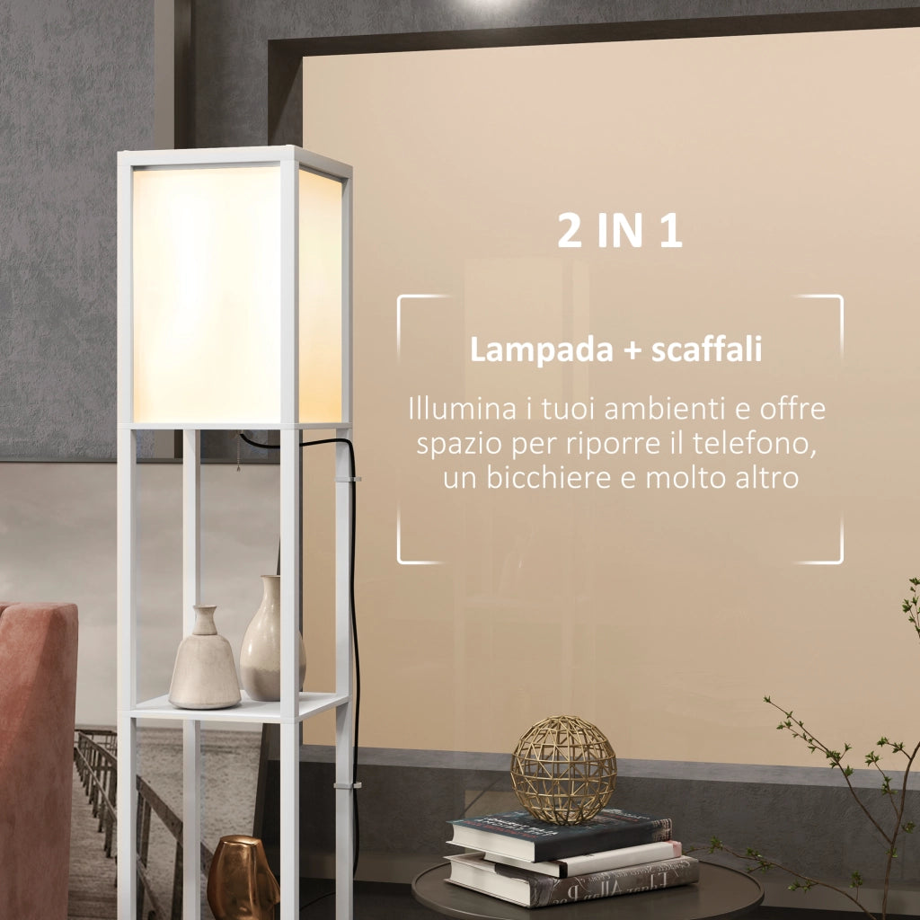 Lampada da Terra Moderna con 2 Paralumi e 2 Ripiani ¨C Minimal ¨C 26x26x156 cm, Bianco