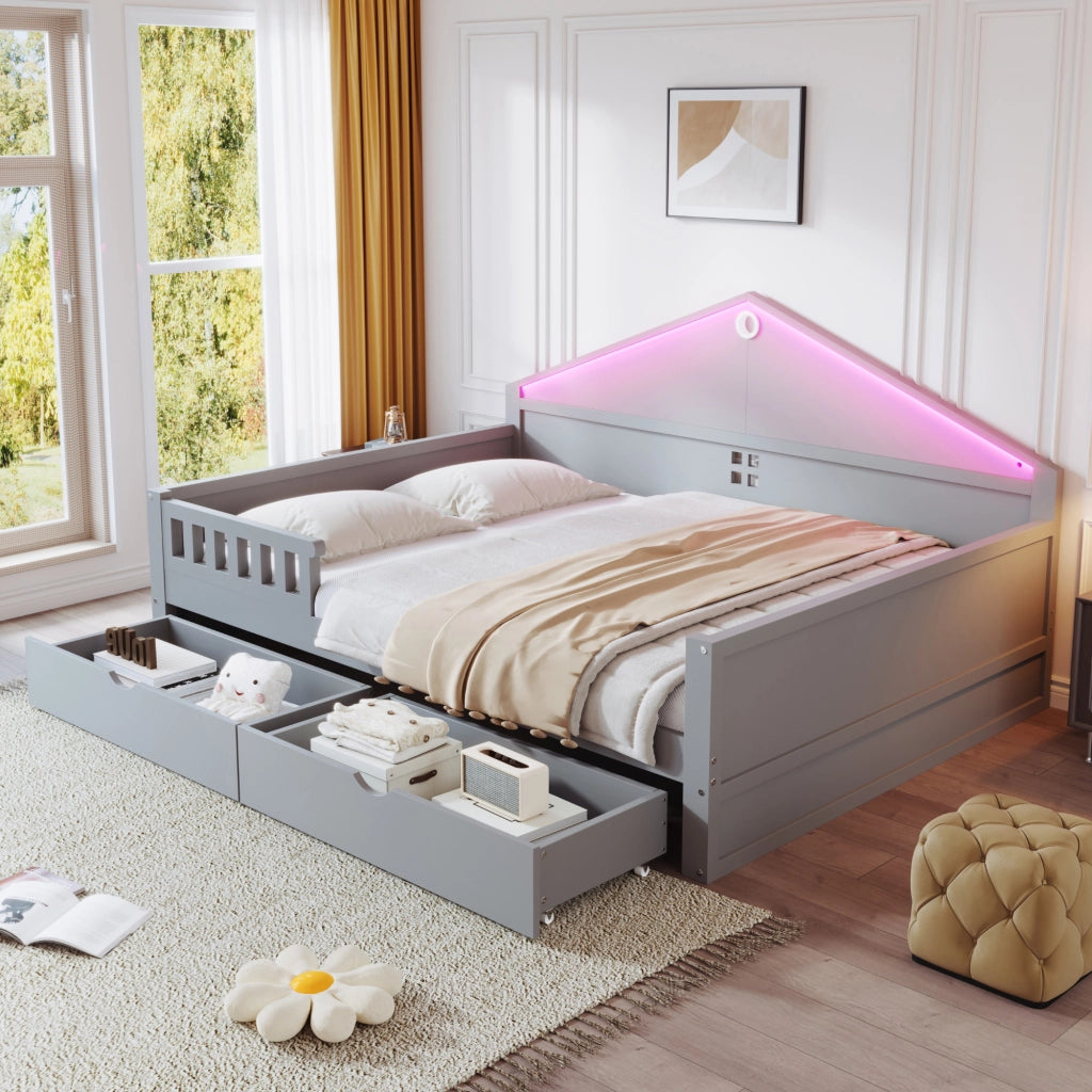 LETTO 140x200 cm con LED e 2 cassetti, grigio, legno di pino e MDF
