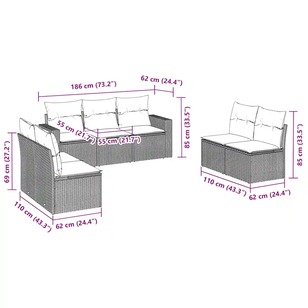 Set Divani da Giardino 7 pz con Cuscini Marrone in Polyrattan