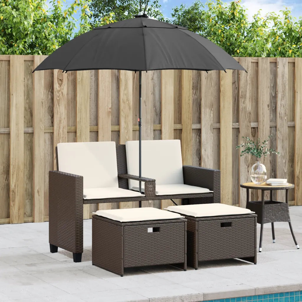 Divano Giardino 2 Posti-Sofa da Giardino-Divanetto da esterno Ombrellone e Sgabelli Marrone Polyrattan