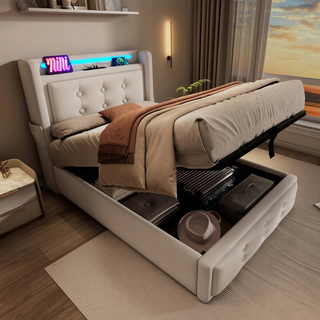Letto singolo imbottito 90x200 - Xylo - Beige con materasso incluso