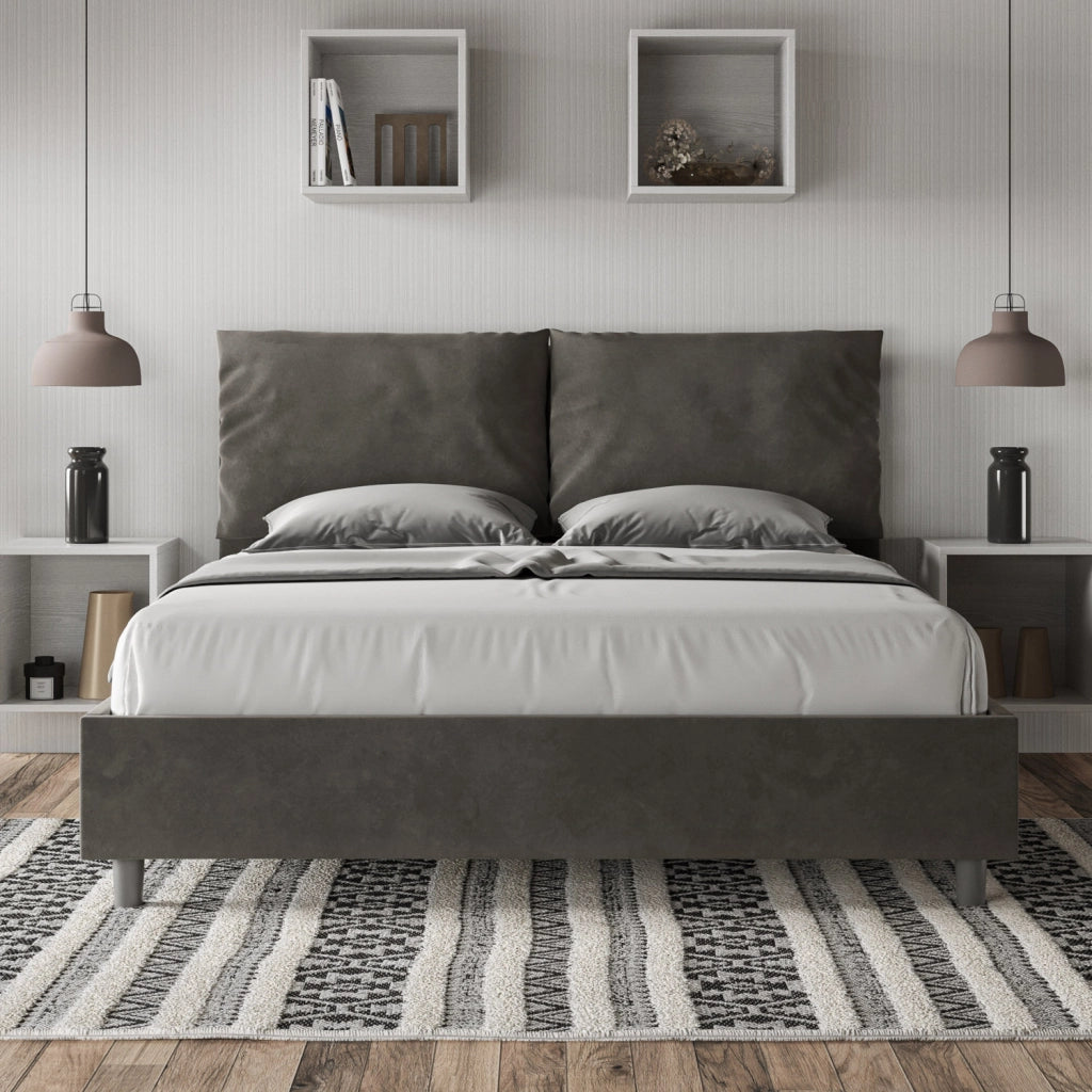 BS COM Letto queen size con rete imbottito 150x200 microfibra grigio
