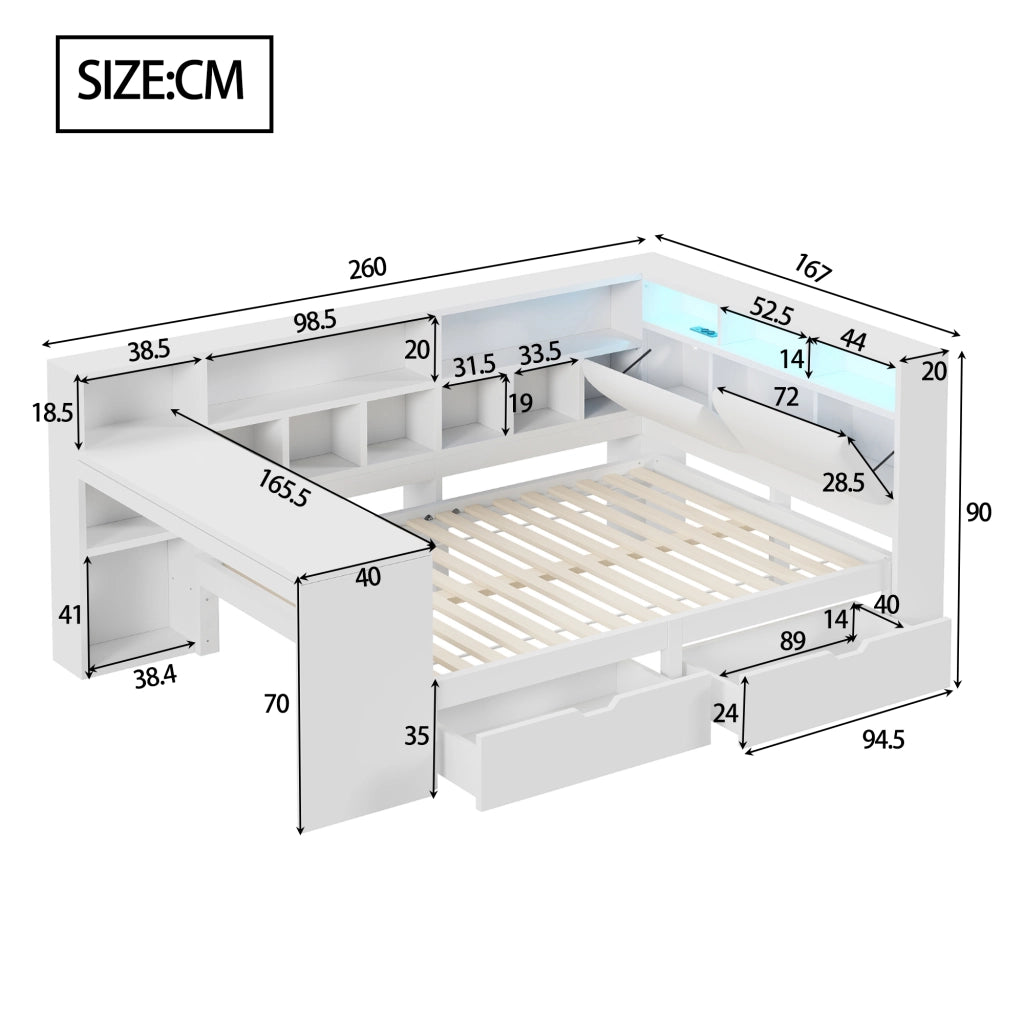 LETTO L con scrivania 140x200 cm Bianco con LED e libreria