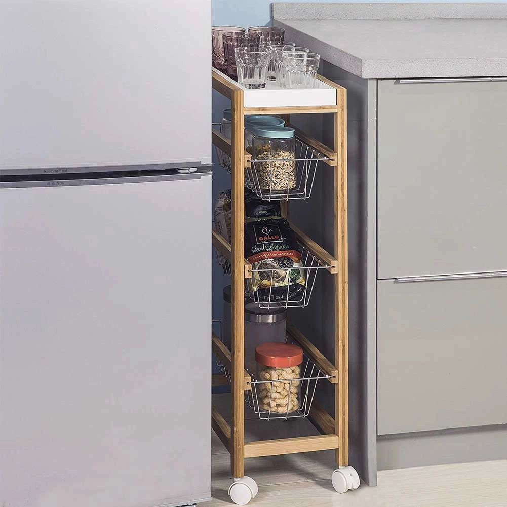 Carrello Cucina Slim Salvaspazio in Bambù con ruote 3 Cestelli e Vassoio
