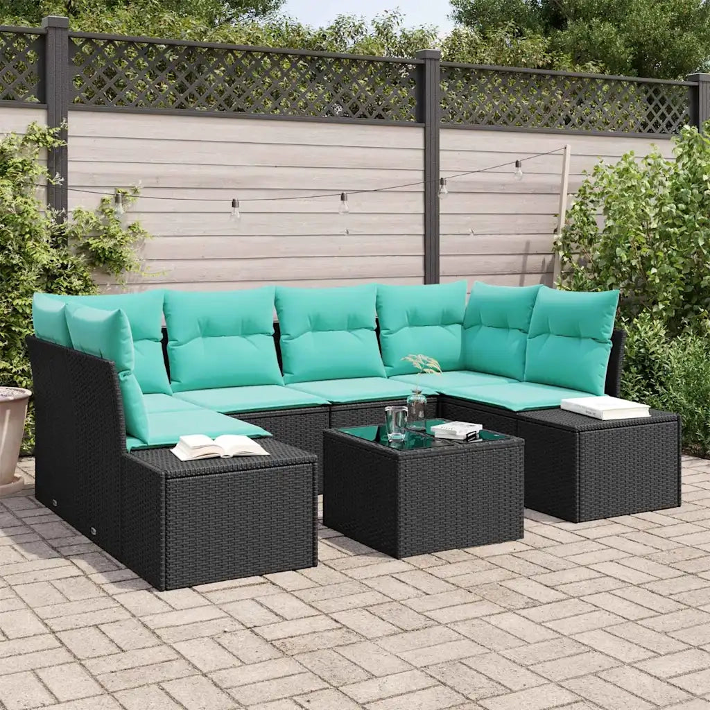 Set Divano da Giardino 8 pz Nero e Turchese polyrattan 3355635