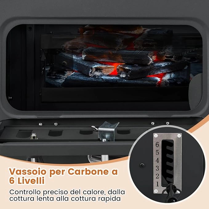 Barbecue a Carbone da Esterno con Ruote, Barbecue a Carbone Portatile con 2 Tavolini Pieghevoli, Vassoio del Carbone Regolabile a 6 Livelli e Ripiano di Stoccaggio, per Campeggio, Picnic