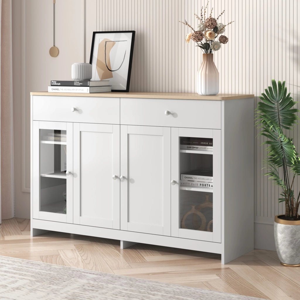 Credenza 4 Ante con Vetro e 2 Cassetti ¨C MINIMAL ¨C Legno e Bianco