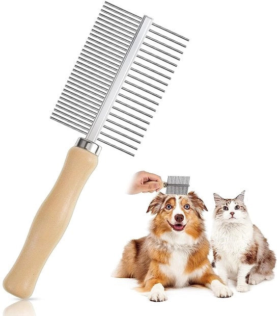 Kam per cani e gatti in legno - doppia lamella - per la lotta contro le zecche - per la rimozione dell'undercoat - con denti metallici a punta rotonda - per capelli di media a lunga lunghezza - pet kam