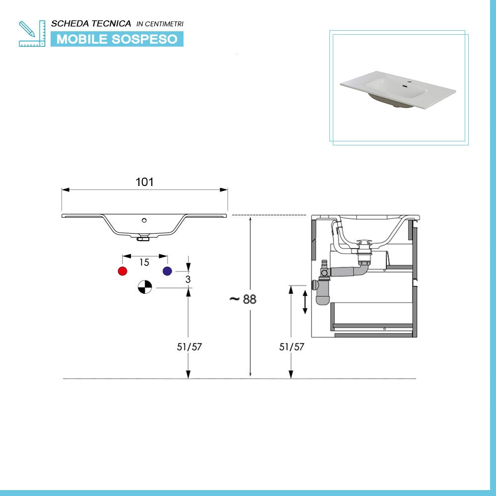 Mobile bagno sospeso 100cm quercia e bianco con lavabo Sumya