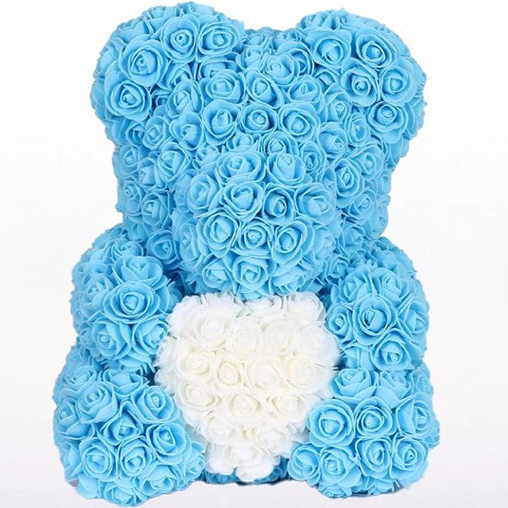 Trade Shop - Orsacchiotto Orsetto Orso Di Rose Con Fiori Da 25cm Celeste Con Cuore Bianco -