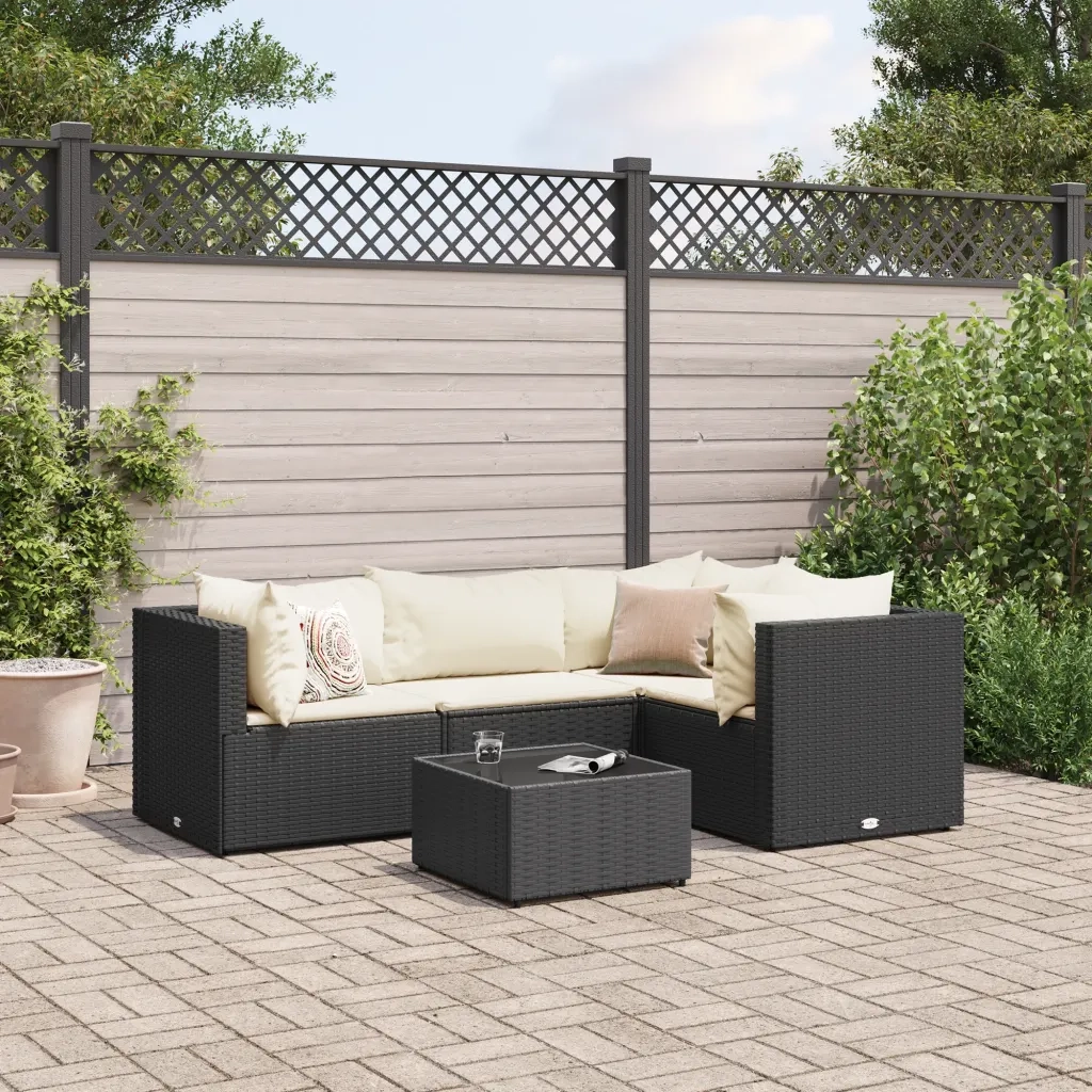 Set Divani da Giardino 5 pz | Set Salotto da Giardino con Cuscini Nero in Polyrattan
