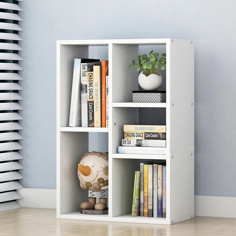 Scaffale aperto grande stile loft scandinavo, con 5 ripiani e cassettiera, colore bianco.