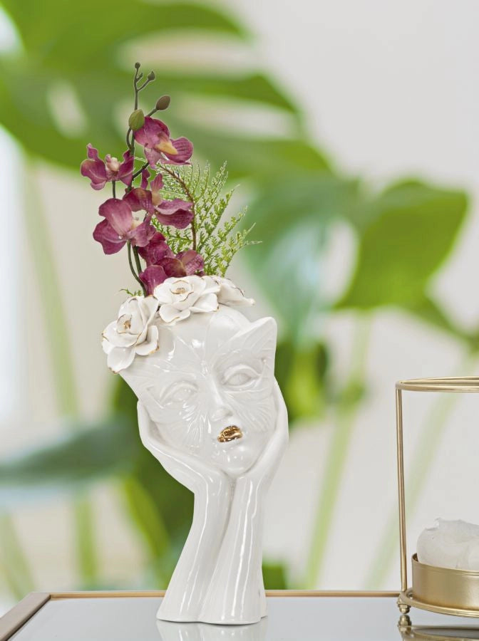 Vaso in ceramica bianca con decori oro 16,5x14x27,3cm Woman Mask