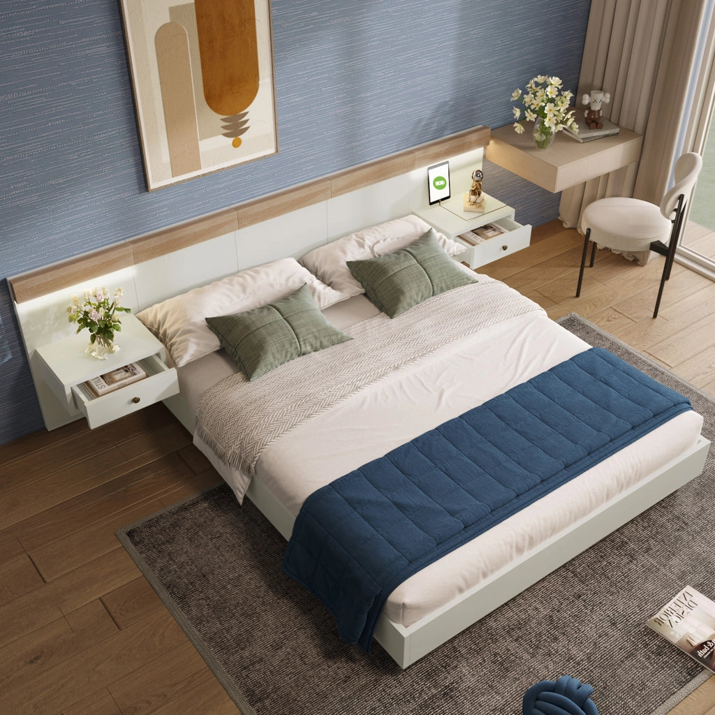 Set camera – 140x200 cm – 2 comodini LED USBC – rovere Sonoma/bianco