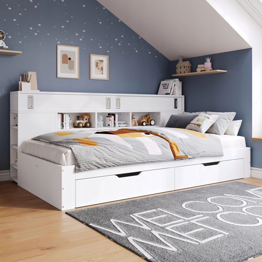 Letto singolo per bambini - Xylo - 90x190 - Bianco - Con cassetti e armadietto