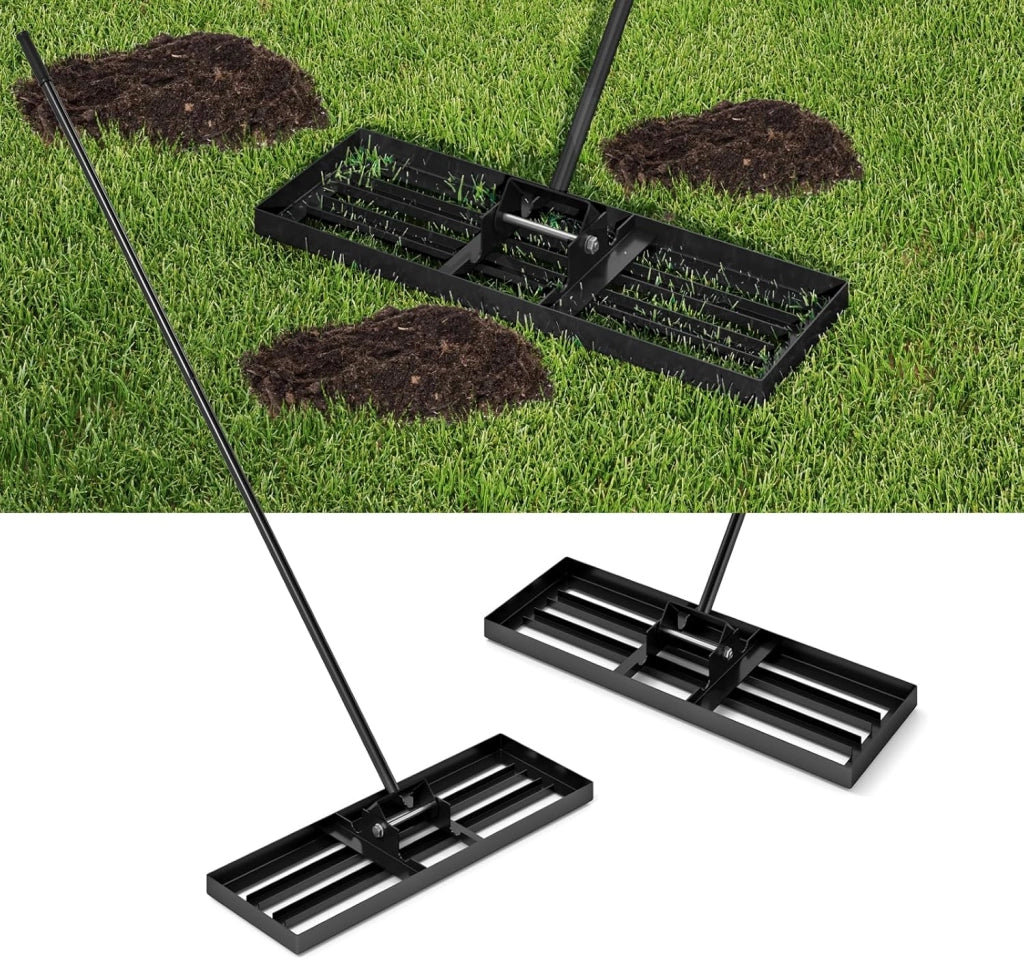 Rastrello Livellatore per Prato, Attrezzo per la Livellatura del Prato con Manico Ergonomico, Livellatrice per Giardino, Cortile, Campo da Golf, Fattoria e Pascolo (Argento 75 x 25 cm)