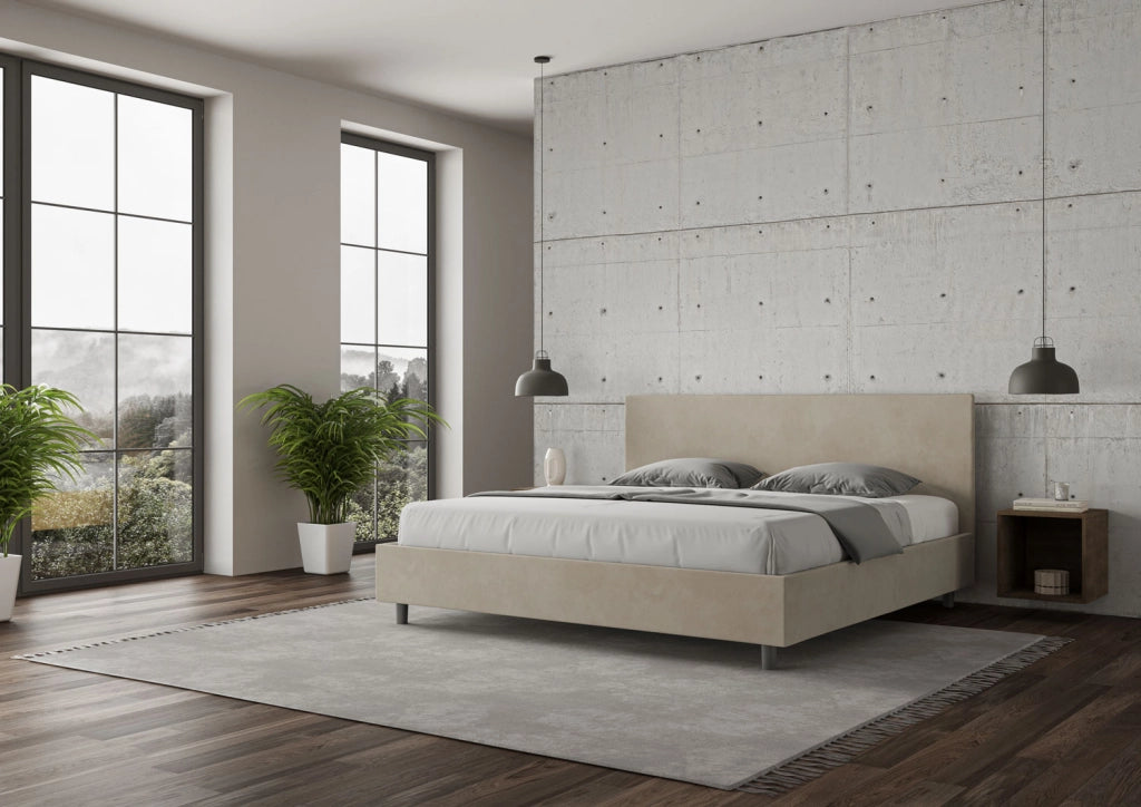 BS COM Letto matrimoniale king size con rete imbottito 200x210 microfibra sabbia