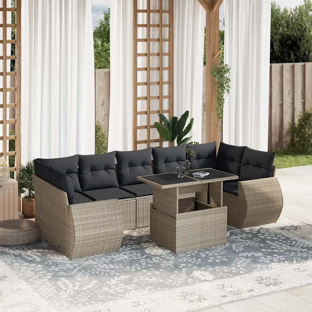 Set Divano da Giardino 8pz con Cuscini Grigio Chiaro Polyrattan